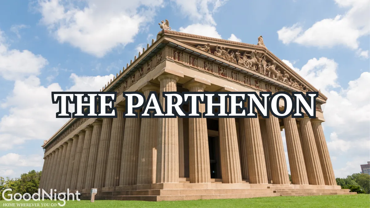 A majestic exterior shot of The Parthenon structure in Centennial Park, with sculptural details crowning the classical columns. The sky is clear, and the view invites visitors to explore the park's cultural and historic ambiance.