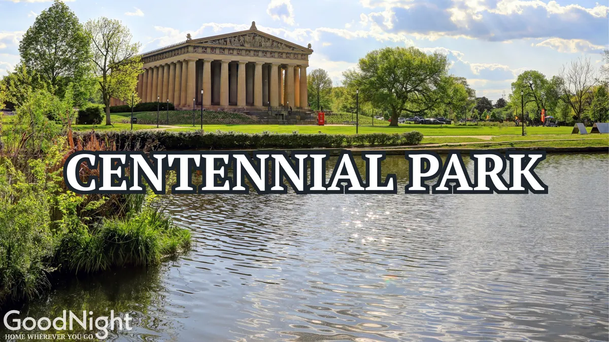 This image features the Parthenon-like structure in Centennial Park, surrounded by tranquil water and lush greenery. People can be seen engaging in leisurely activities like walking and picnicking, while serene natural elements contrast with the urban backdrop.